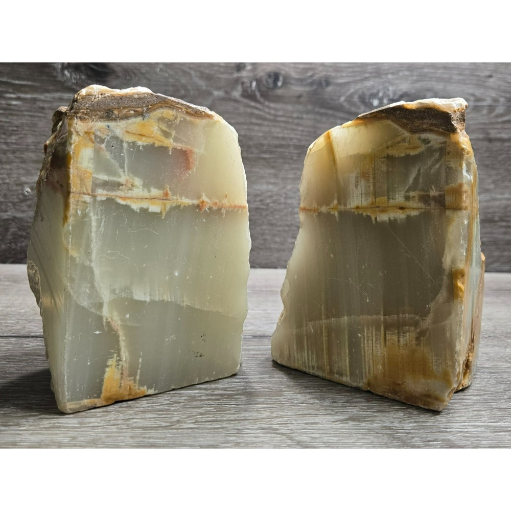 Vintage Natural Banded Onyx Marble Stone Bookends Rough Edge Polished Pair Brown